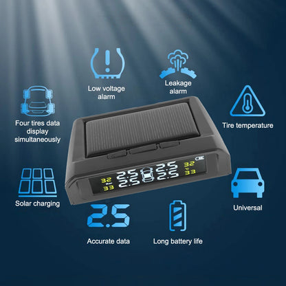 USB Solar Powered Intelligent Temperature Warning LCD Display + 4 External Sensors Car TPMS Wireless Tire Pressure System