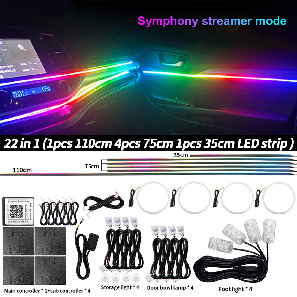 Symphony Car Ambient Light RGBIC Interior LED Strip Acrylic 213Color Neon Streamer Atmosphere Lamp 6/10/14/18/22 in 1 12V By App