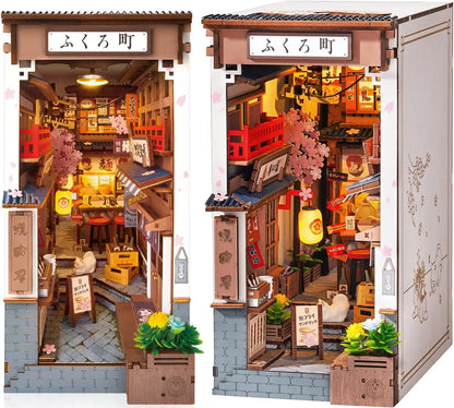 Robotime Sakura Wine Alley DIY Booknook with Lights DIY Miniature Dolls House Kit 3D Wooden Puzzle Bookend Bookshelf Decor Gift