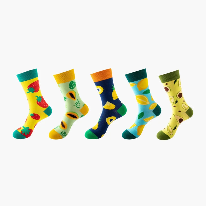 5 Pairs Fruit Print Socks Mid-Calf Funny Food Design Pineapple Watermelon Cotton Socks for Men Women Couple EU 37-45 US 6-12