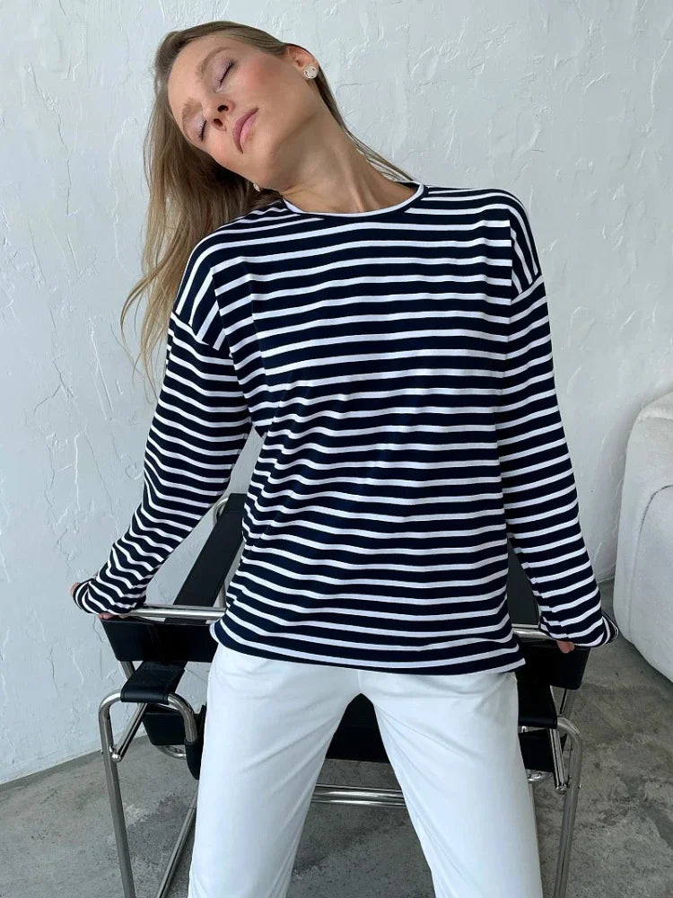 Bornladies 2025 Summer Long Sleeve Striped T-Shirts Women Basic Casual Tops Female Cozy Loose Cotton Tees Harajuku T Shirt New