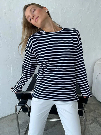 Bornladies 2025 Summer Long Sleeve Striped T-Shirts Women Basic Casual Tops Female Cozy Loose Cotton Tees Harajuku T Shirt New