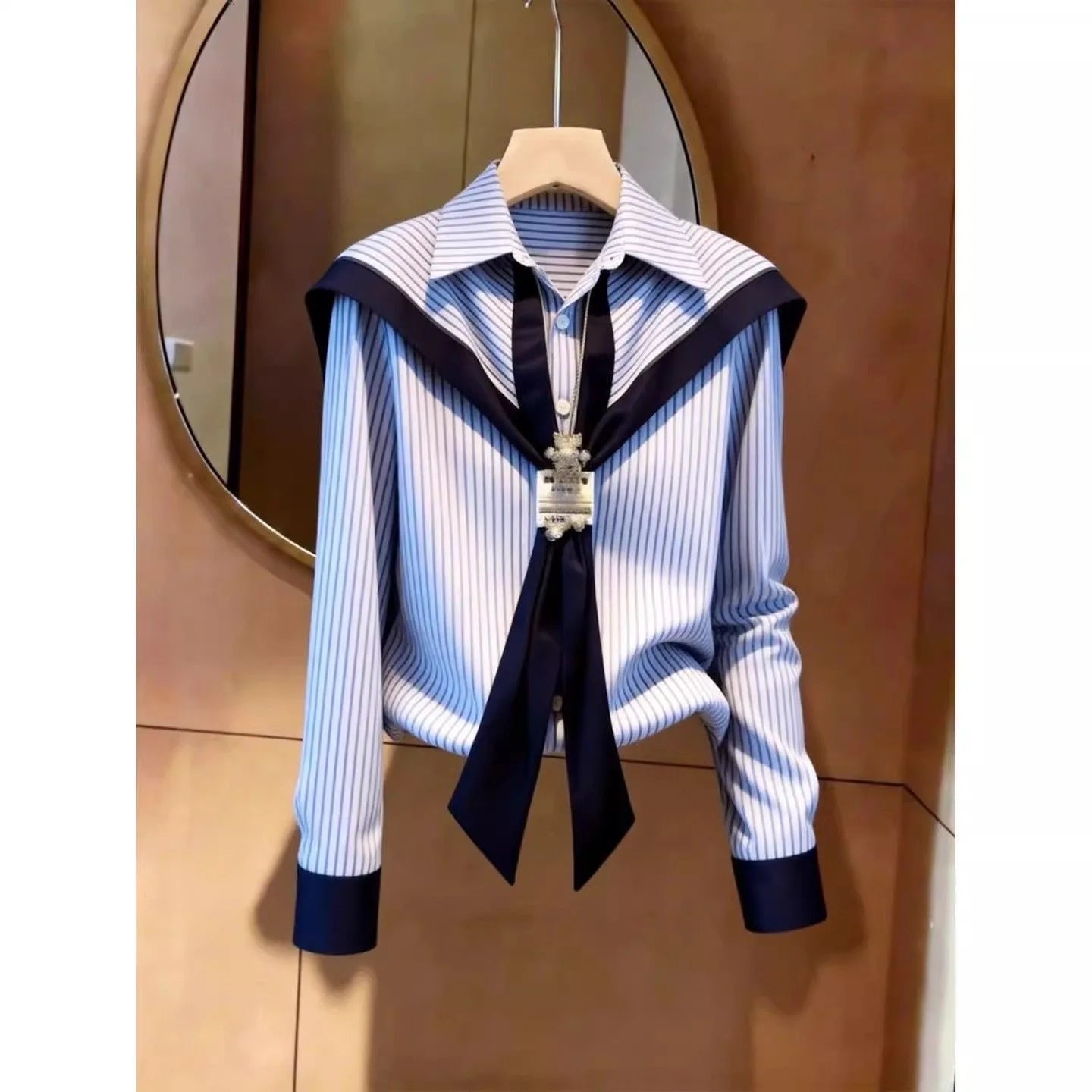 Design Stripe  Collar Shirt Women Spring Autumn White Enhancing Blue Large Size Stand Collar Slimming Top Polyester Long ...
