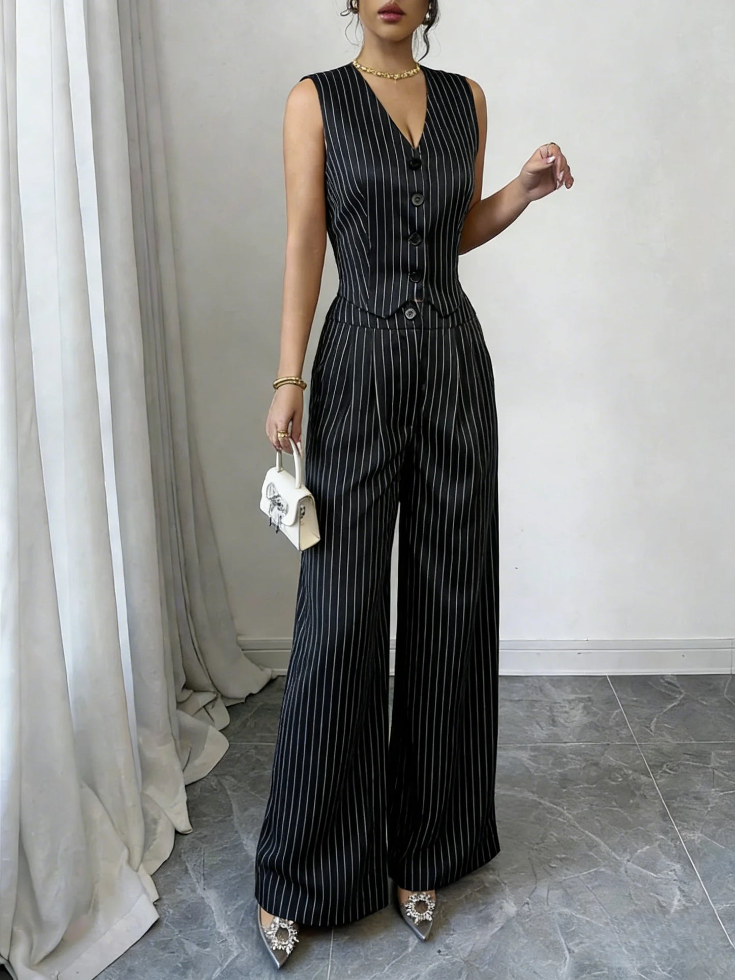 Women's Pinstripe Elegant Trouser Set Sleeveless V Neck Button Vest High Waist Wide Leg Pants Two Piece Set Spring Summer Outfit