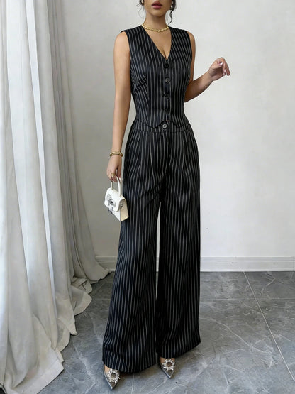 Women's Pinstripe Elegant Trouser Set Sleeveless V Neck Button Vest High Waist Wide Leg Pants Two Piece Set Spring Summer Outfit