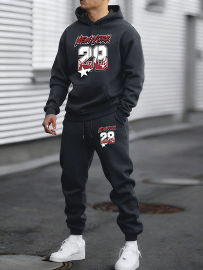 New York 28 Printed Winter Fleece Commute Men Hoodies Pants 2 Piece Set Loose Jogging Sweatpant Basic All-Match Sportswears