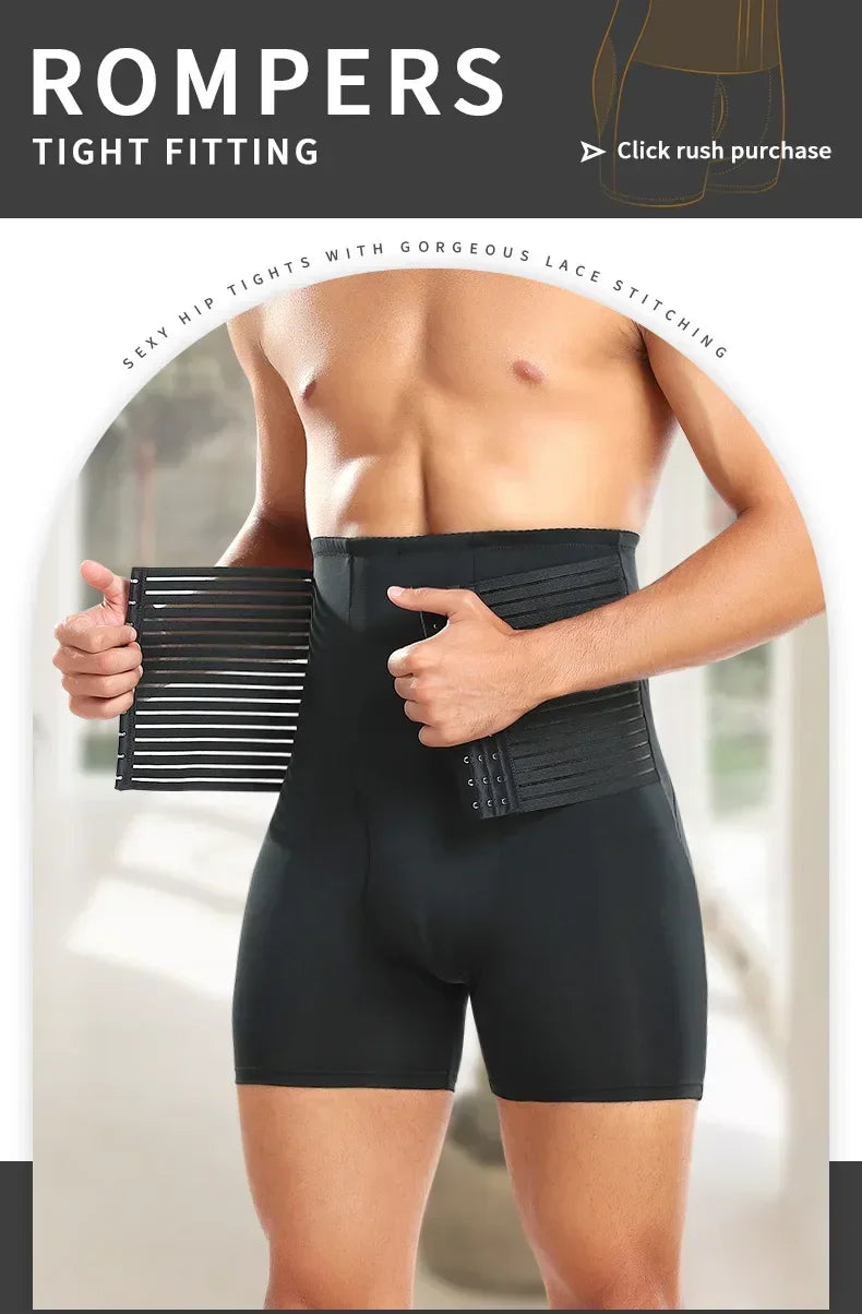 Men High Waisted Tummy Control Panties Waist Trainer Belt Cincher Corset Padded Panties Thigh Breathable Underwear Body Shaper