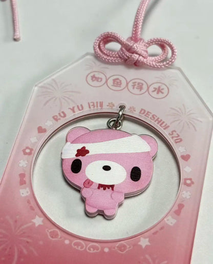 Pink Bear Omamori Car Hanging Ornament, Cute Lucky Charm for Vehicle