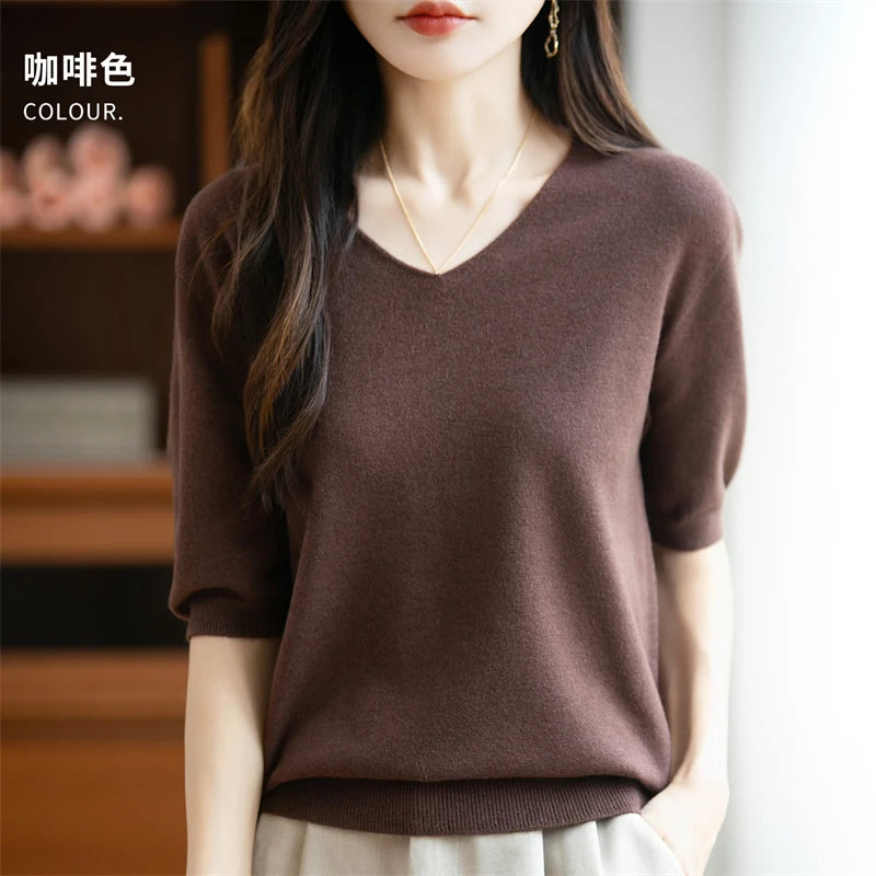 Thin Worsted Wool Short-Sleeved Women's Loose Round Neck T-shirt Printed Summer Fashion Knitted Bottoming Shirt Half-Sleeved