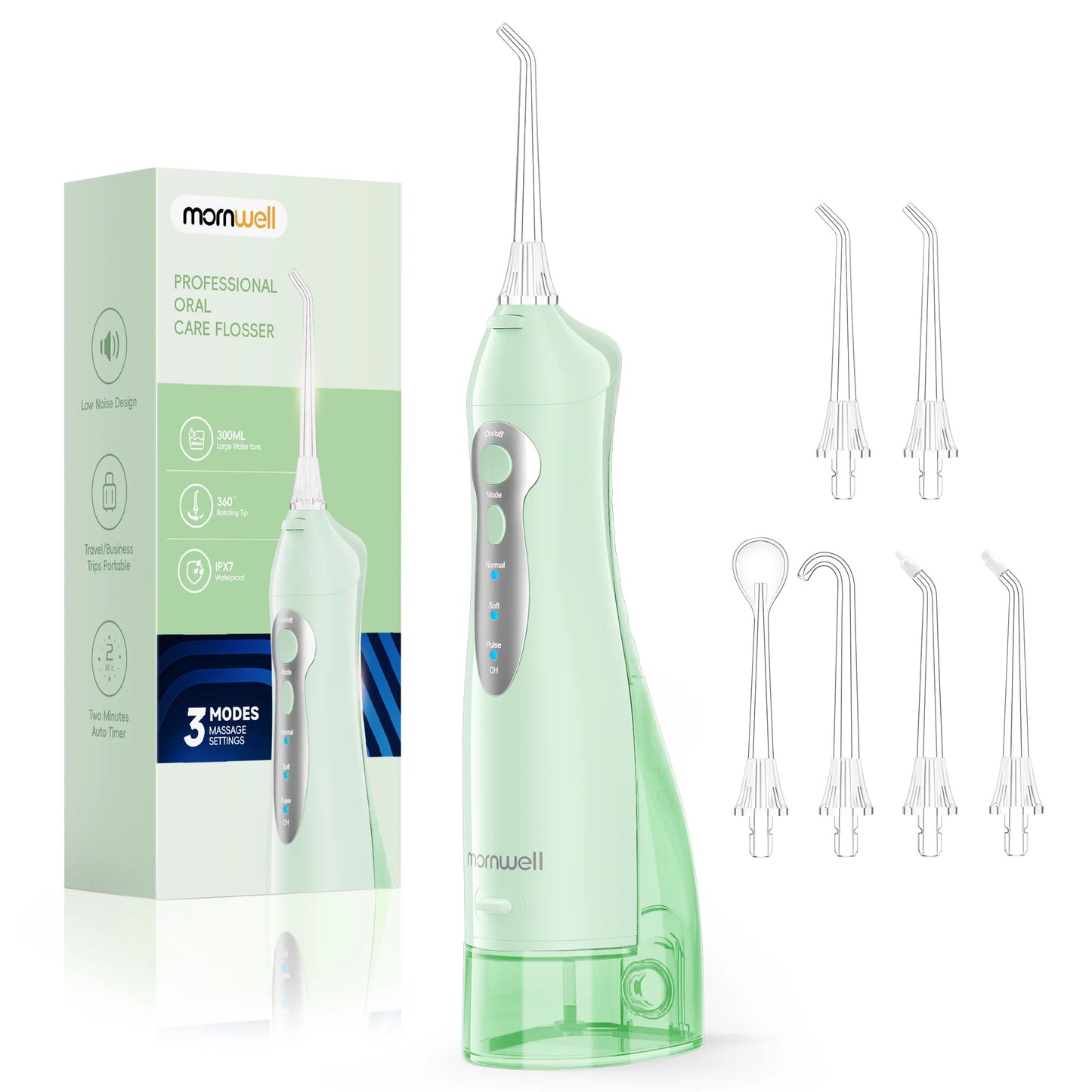 Mornwell Water Flosser Teeth Pick -Portable 300ML Pick Jet with 3 Modes, Rechargeable IPX7 Waterproof for Teeth Clean-5012D(D52)