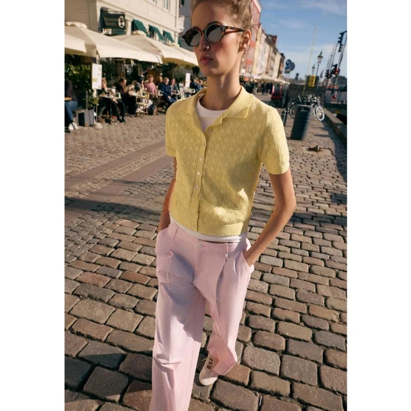 Spring Summer New Lazy Style Women's Knitted Short Sleeve  Shirt Collar Casual Outerwear Classic Pattern Loose Fit Polyes...