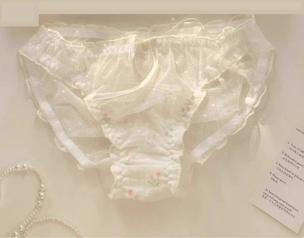 YUQI Kawaii Lace Bralette Set Japanese Floral Mesh Underwear Summer Ultra-Thin Lace-Up Cutout Romantic Bra 2024 New Kawaii set