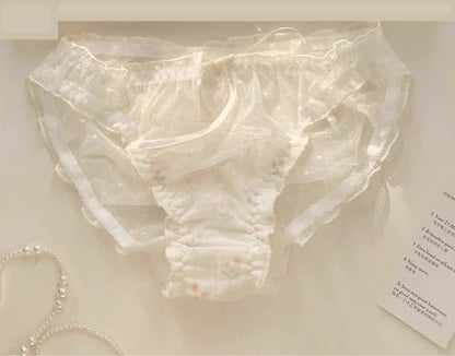 YUQI Kawaii Lace Bralette Set Japanese Floral Mesh Underwear Summer Ultra-Thin Lace-Up Cutout Romantic Bra 2024 New Kawaii set