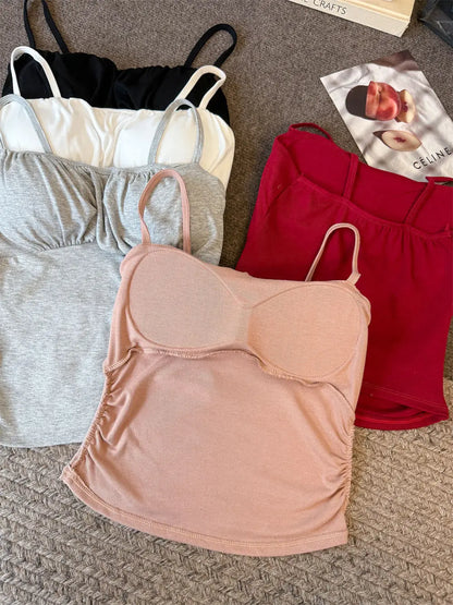 Slim Fit  Strap Vest Women Summer Inner Wear Beautiful Back  with Chest Pad Outerwear Cotton Polyester Elastic F...