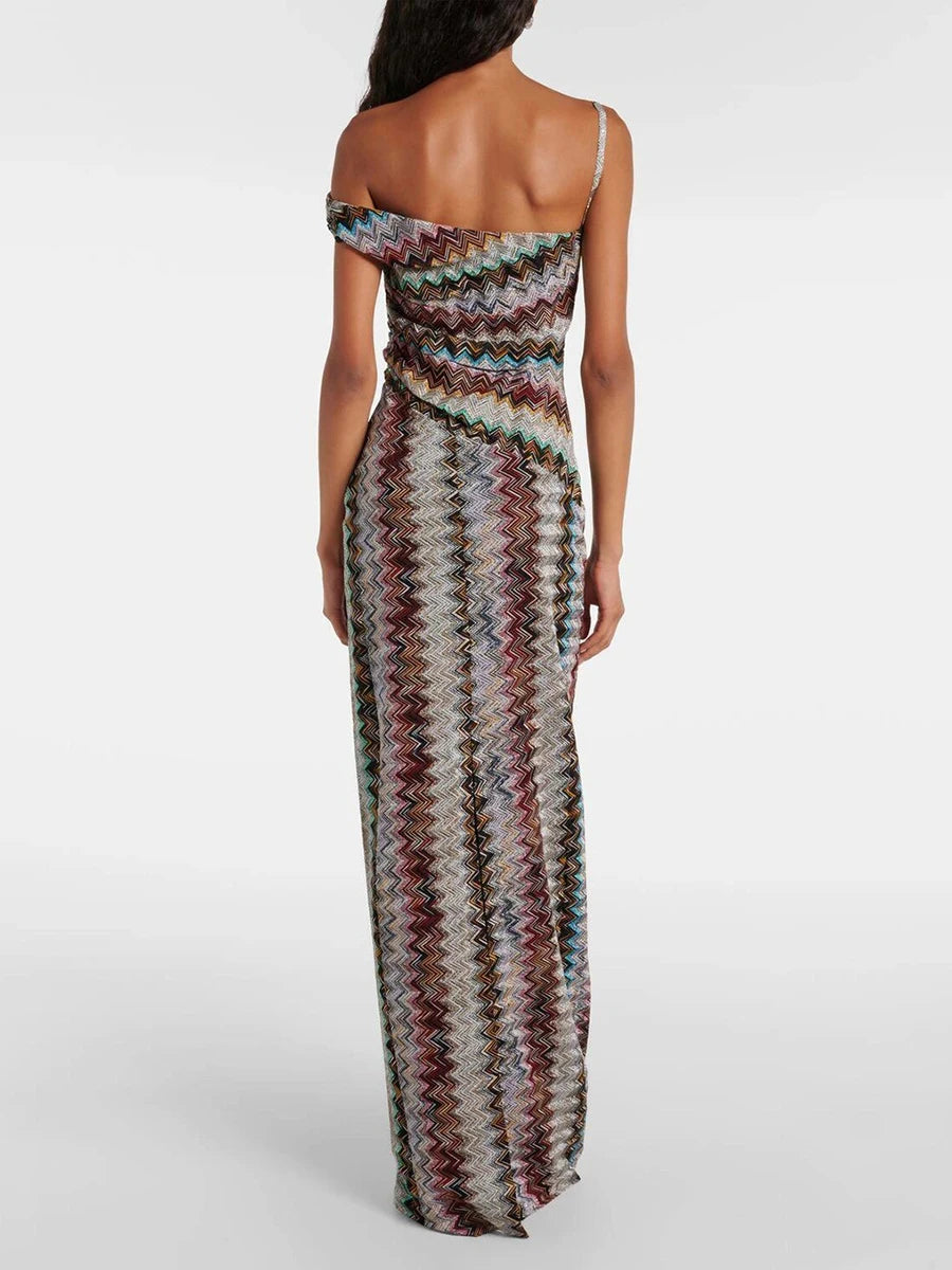 VGH Vacations Colorful Print Maxi Dress for Women Off One Shoulder Slimming Zigzag Design Asymmetrical Skirt for Casual Outings