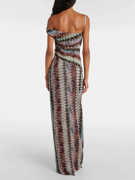 VGH Vacations Colorful Print Maxi Dress for Women Off One Shoulder Slimming Zigzag Design Asymmetrical Skirt for Casual Outings
