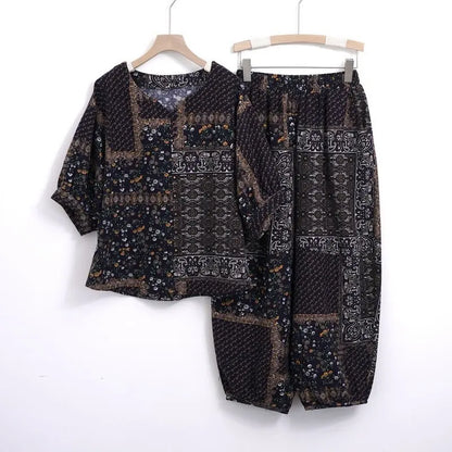 New Summer Floral Print Midi Sleeve Cotton Linen Loose Women's Two-Piece Set Ethnic Style Mom Clothes Comfortable Breathable