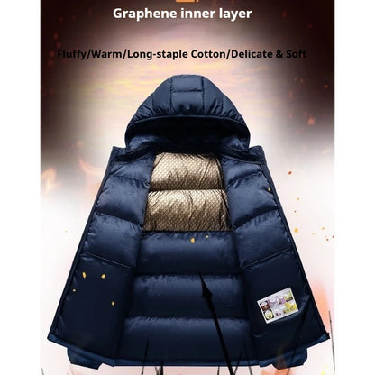 Graphene Self-Heating Men's Winter Jacket Thermal Auto Warm Up Thick Hooded Cotton Coat Outdoor Skiing Sports Loose Fit Parka