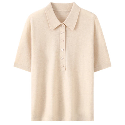 100% fine spun wool women's T-shirt summer solid knitted pullover Jumper sweater short sleeved loose Polo collar Tees Pull Tops
