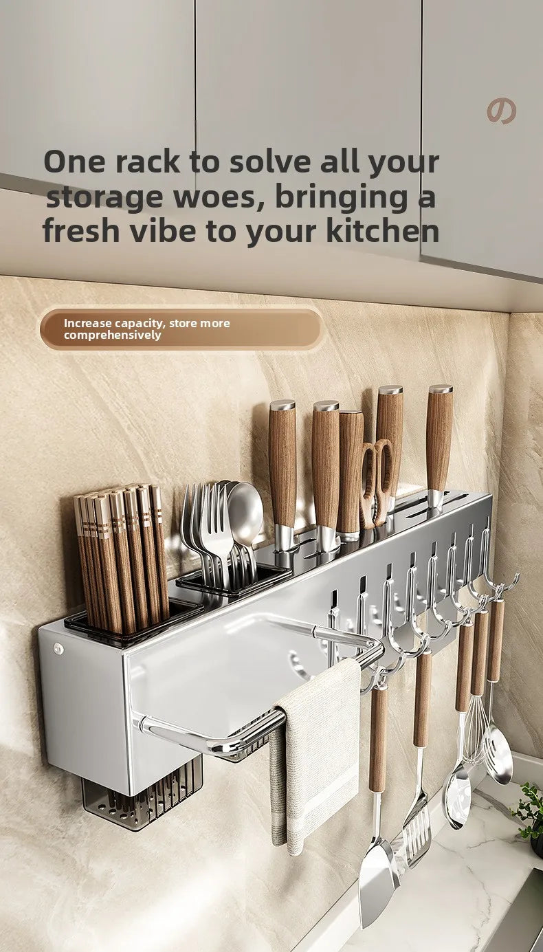 Stainless Steel Kitchen Knife Holder Wall Mounted No Drilling Multi-Function Chopsticks And Kitchen Knife Storage Rack