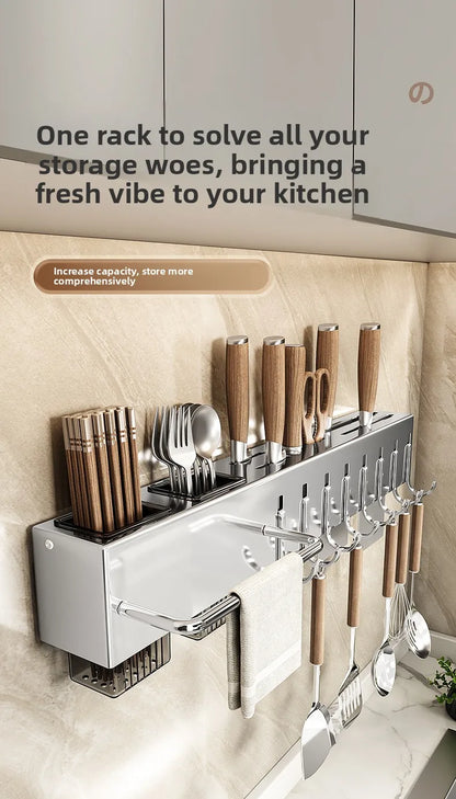Stainless Steel Kitchen Knife Holder Wall Mounted No Drilling Multi-Function Chopsticks And Kitchen Knife Storage Rack