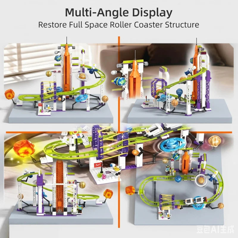 Space-themed roller coaster building block set, includes connectable circular track assembly components, a rotatable rocket laun