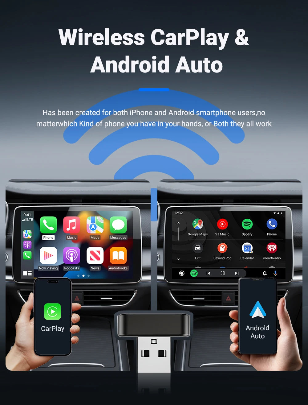 Smart 2in1 CarPlay Android Auto Adapter, Universal Mini Wireless Dongle for Car Entertainment System, Plug and Play Upgrade Wire