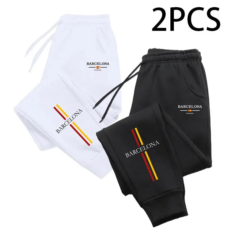 2pcs of 1 Pack Men's Sweatpants Barcenola Print Casual Sporty Jogger Pants Fall Winter Home Outdoor Comfort Warm Trousers 2 in 1