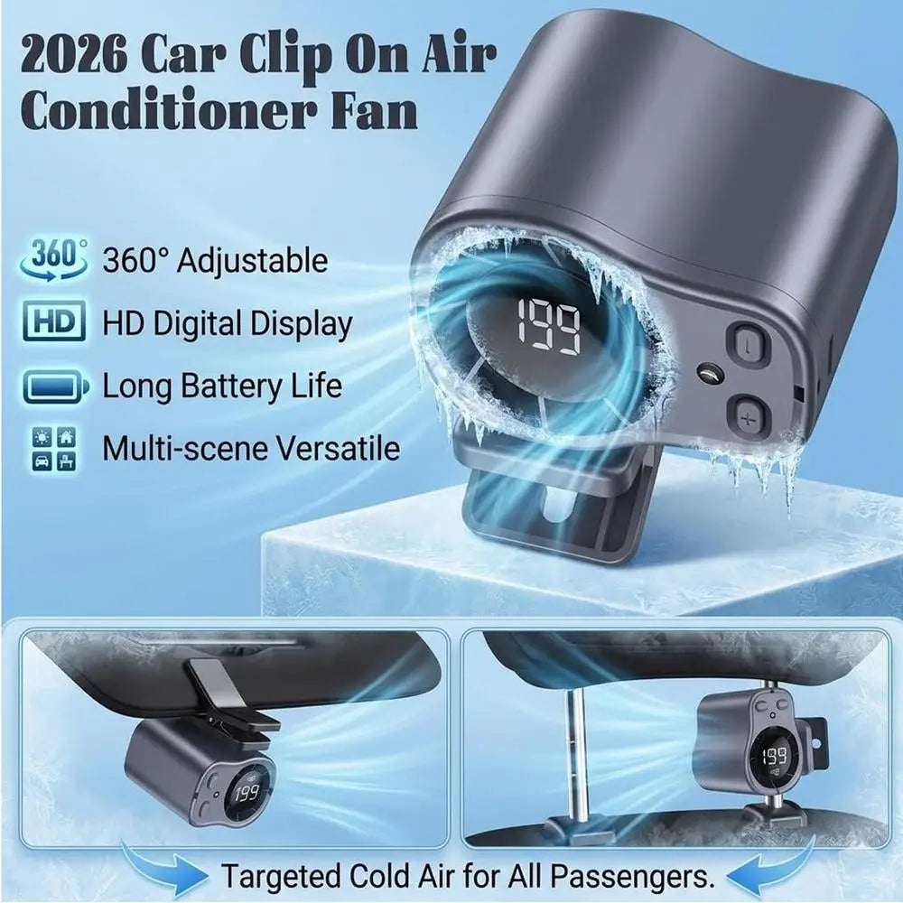 Universal Cooling Car Fan USB Rechargeable Clip on Portable Desk Fans with LED Display 360 Rotation Quiet for Car Camping