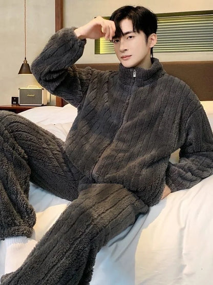 2026 New Coral Fleece Sleepwear Men's Fashionable Warm Flannel Spring Autumn Winter Thickened Outdoor Wear Home Clothes