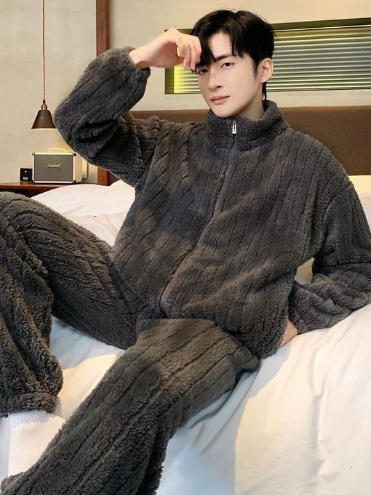 2026 New Coral Fleece Sleepwear Men's Fashionable Warm Flannel Spring Autumn Winter Thickened Outdoor Wear Home Clothes