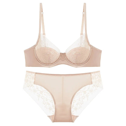 Luxury Women Lingerie Set Sexy Lace Embroidery Underwear French Thin Cup Push Up Bra Summer Mesh Breathable Intimates Bra Sets