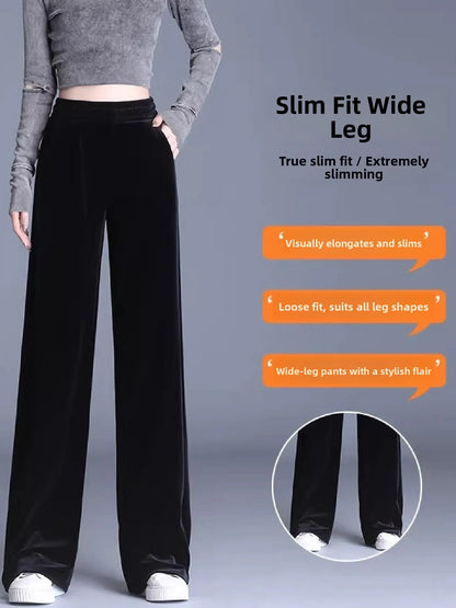 Slim Fit Velvet Wide Leg Pants Winter New Style plus Size Warm Fleece High Waist Elastic Korean Velvet Pants for Women