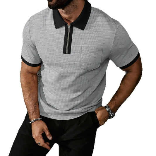 Men's Contrast Trim Waffle Knit Polo Shirt | Short Sleeve Zip Collar Shirt with Pocket for Summer Daily Wear
