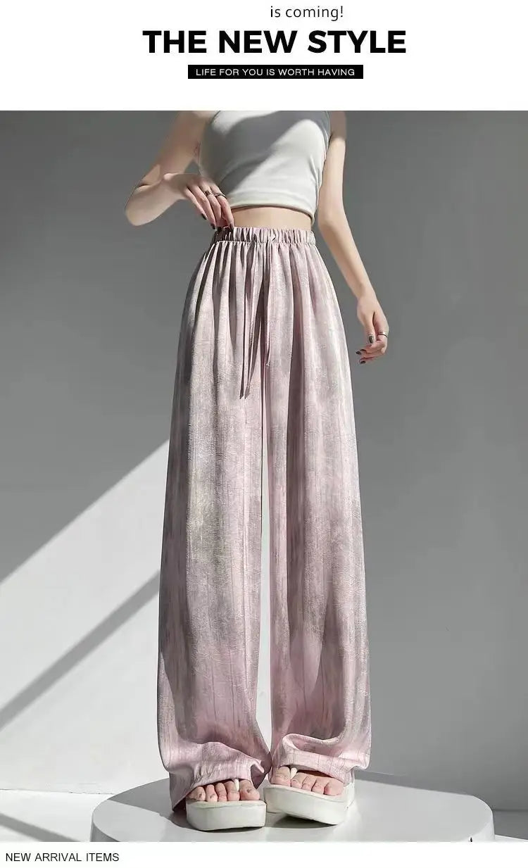 Summer Thin Ice Silk Satin Dyed Wide Leg Pants Women Loose Casual Drape High Waist Slimming Pants Ins Straight Leg Elastic Wa...