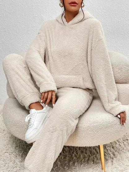Autumn Winter Fashion Women Casual Hooded Sweatshirt Leg Pants 2 Piece Set Warm Furry Plush Trousers Suit Female Outfit