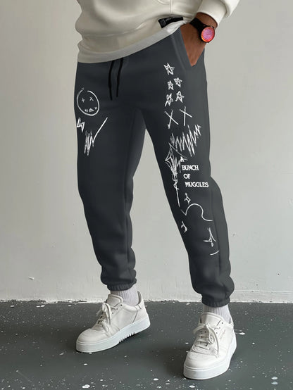 Men's Gothic Jagged Metal Font Cross Wing Las Vegas Print Sweatpants Elastic Waist Soft Dark Punk Street Hip Hop Joggers