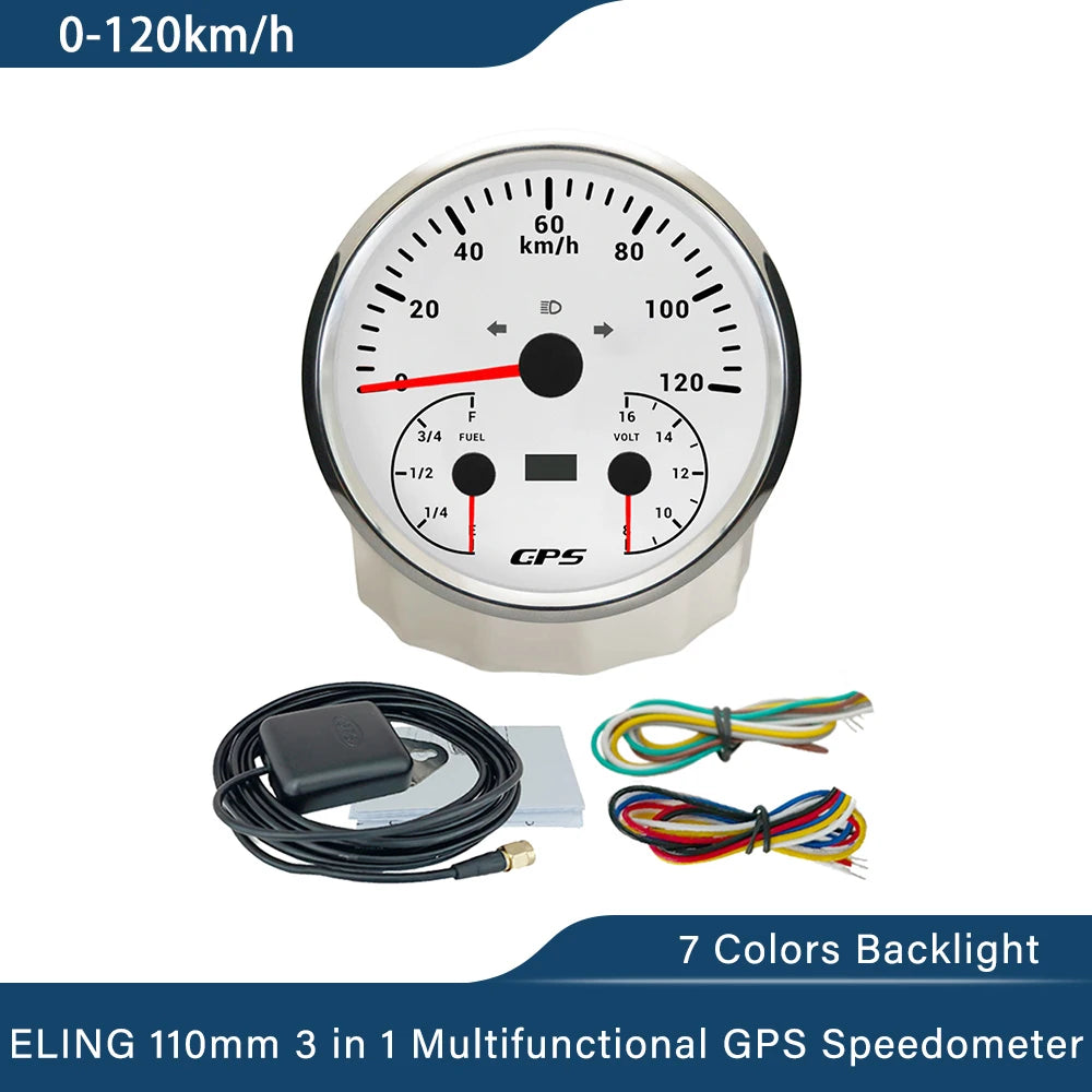 ELING 110mm 3 in 1 Multifunctional 120km/h 200MPH GPS Speedometer with Fuel Level Voltmeter 7 Colors Backlight for Car Universal