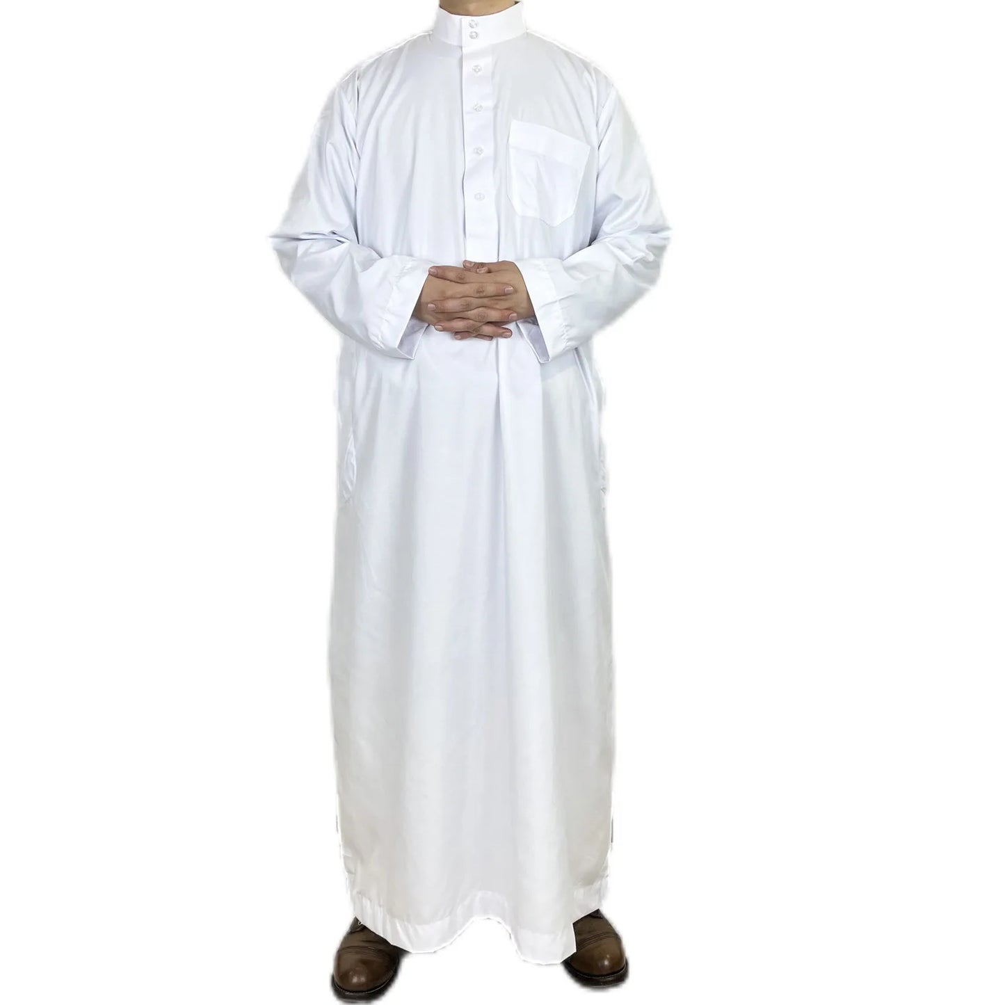 Middle Eastern Men's Thobe Qatar Style Polyester Robe with Stand Collar and Pockets