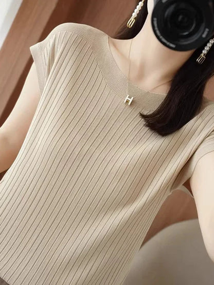 Ice Silk Knitted Top Women Loose Spring Summer New Style Thin Short Sleeve One Shoulder T-Shirt Breathable Comfortable Casual...