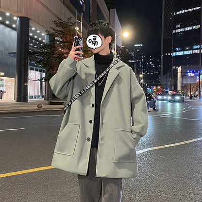 Men's Woolen Coat Autumn Winter Thickened Korean Style Middle-Length Fashionable Jacket Single-Button Pure Color Casual Coat