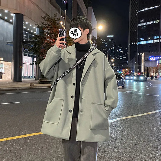 Men's Woolen Coat Autumn Winter Thickened Korean Style Middle-Length Fashionable Jacket Single-Button Pure Color Casual Coat