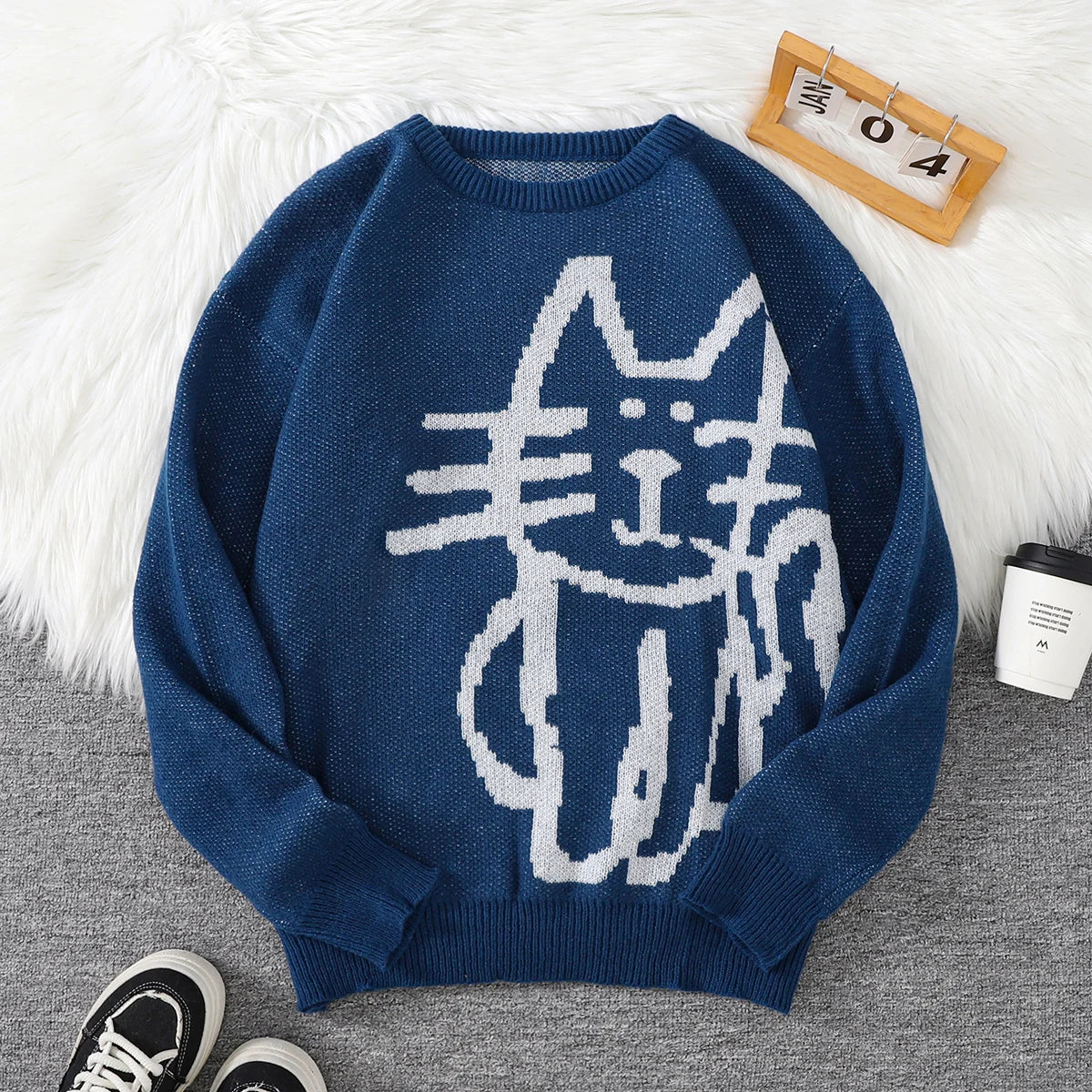 Autumn and Winter Abstract Kitten Jacquard Pattern Pullover Sweater Casual Round Neck Knitted Men's Pullover