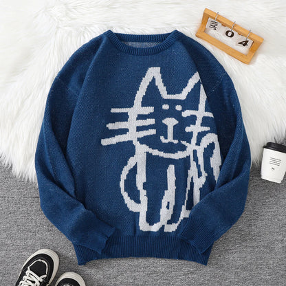 Autumn and Winter Abstract Kitten Jacquard Pattern Pullover Sweater Casual Round Neck Knitted Men's Pullover