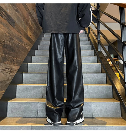 2024 Men's PU Leather pants Fashion baggy Motorcycle Pants Men Wide-leg Mopping Trousers All-match Windproof Plus Size 8XL-M