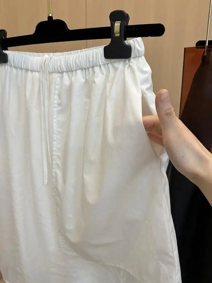 Summer European Style Women Two-piece Spliced Pants High Waist Loose Straight Leg Cropped Trousers Design Slim Casual Pants