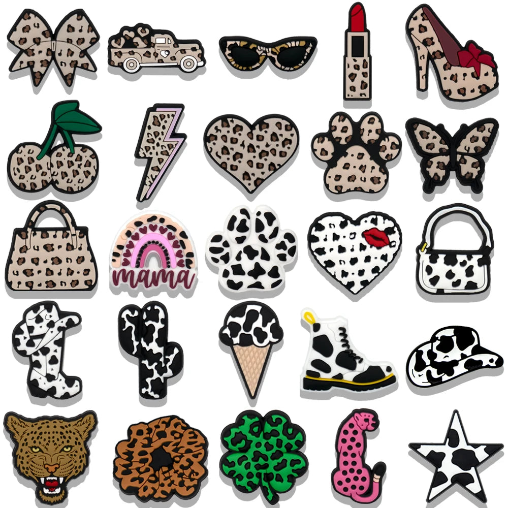 1/25pcs Leopard Print Shoe Charms for Hot Girl Women Shoe Decorations Pins Sandals Accessories Lipstick Heart Cherry Clog Buckle