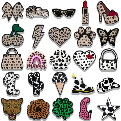 1/25pcs Leopard Print Shoe Charms for Hot Girl Women Shoe Decorations Pins Sandals Accessories Lipstick Heart Cherry Clog Buckle