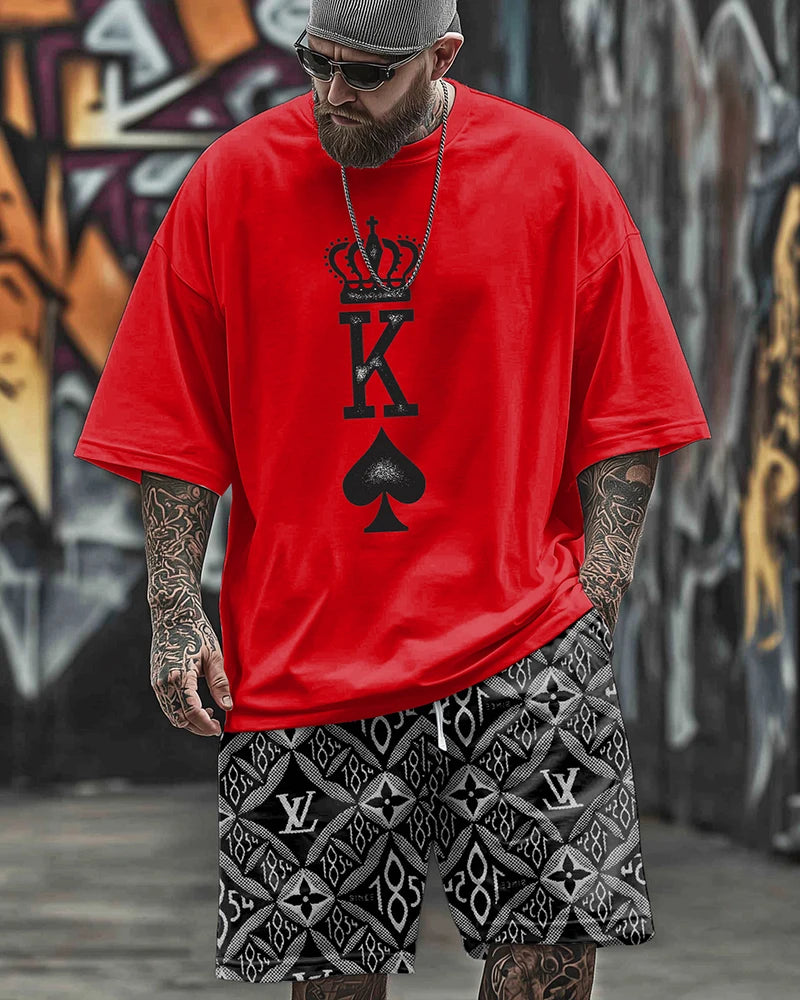 S-9XL Plus Size Men's Streetwear 2 Piece Outfit, King of Spades KING Crown Graphic Print Short Sleeve T-Shirt and Shorts Set
