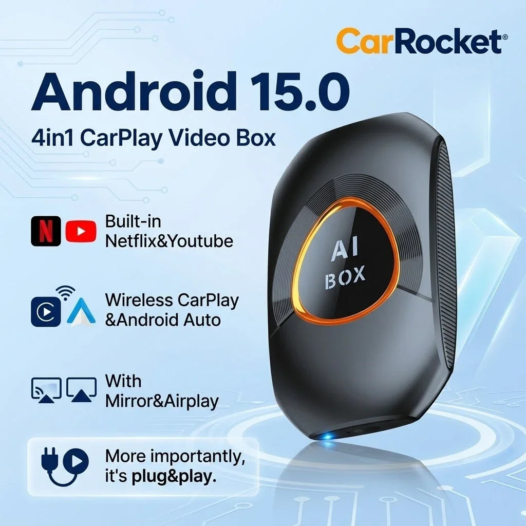 CarRocket Wireless CarPlay AI Box Plug And Play Android 15 Netflix YouTube Car Multimedia Video Box for Cars with Wired CarPlay